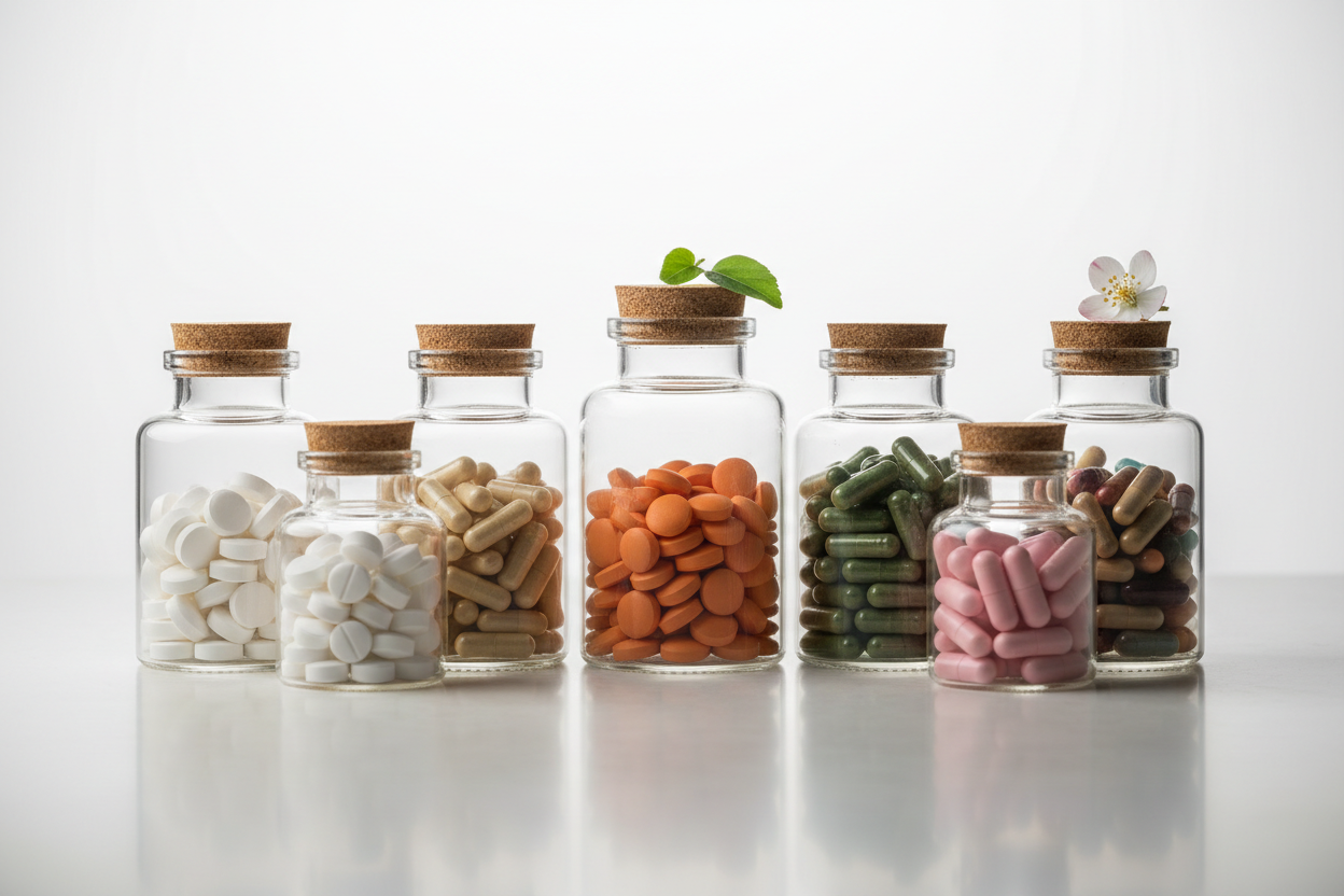 seis potes transparentes sin ningun tipo de nombre ni etiqueta con diferentes tipos de pastillas con una luz especial y un fondo claro. se puede incluir algun elemento encima de alguno de los potes como una pequeña hoja o alguna flor